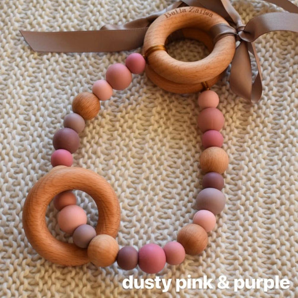 pram garland silicone and beech wood beads safety certified dusty pink and purple
