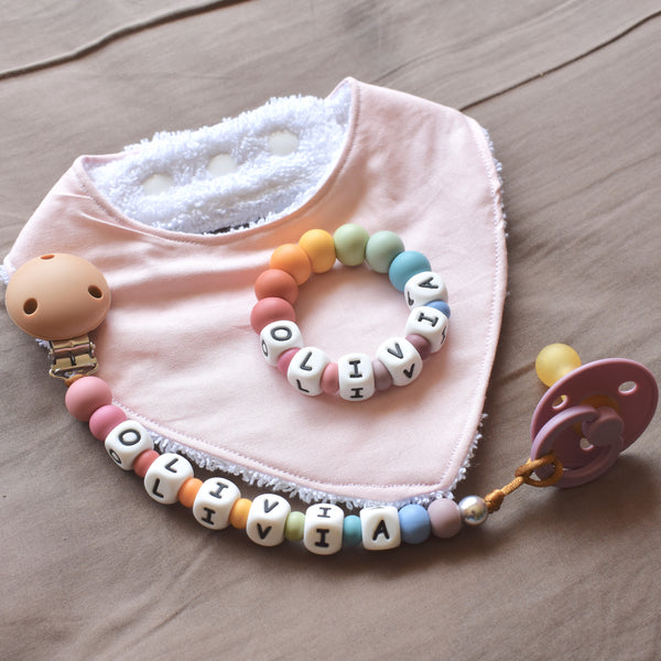 personalised teething ring toy and dummy clip
