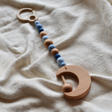 moon wooden rattle pram toy sapphire blue silicone beads