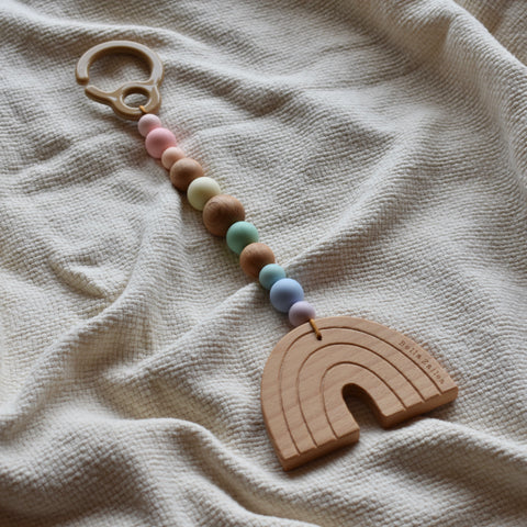 pram toy rainbow wooden toy pastel silicone beads