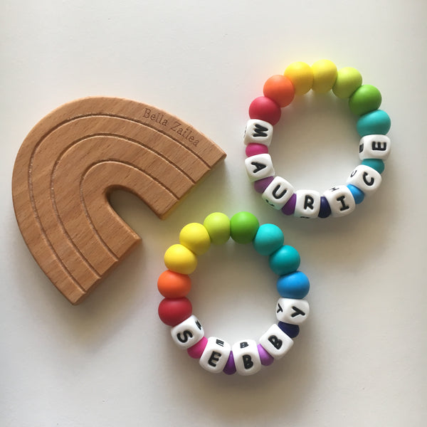 personalised teething toy ring silicone rainbow beads