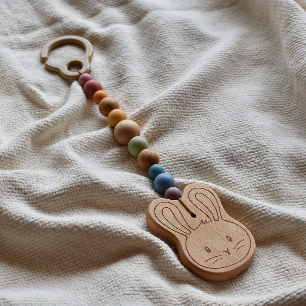bunny pram toy wooden vintage rainbow silicone beads