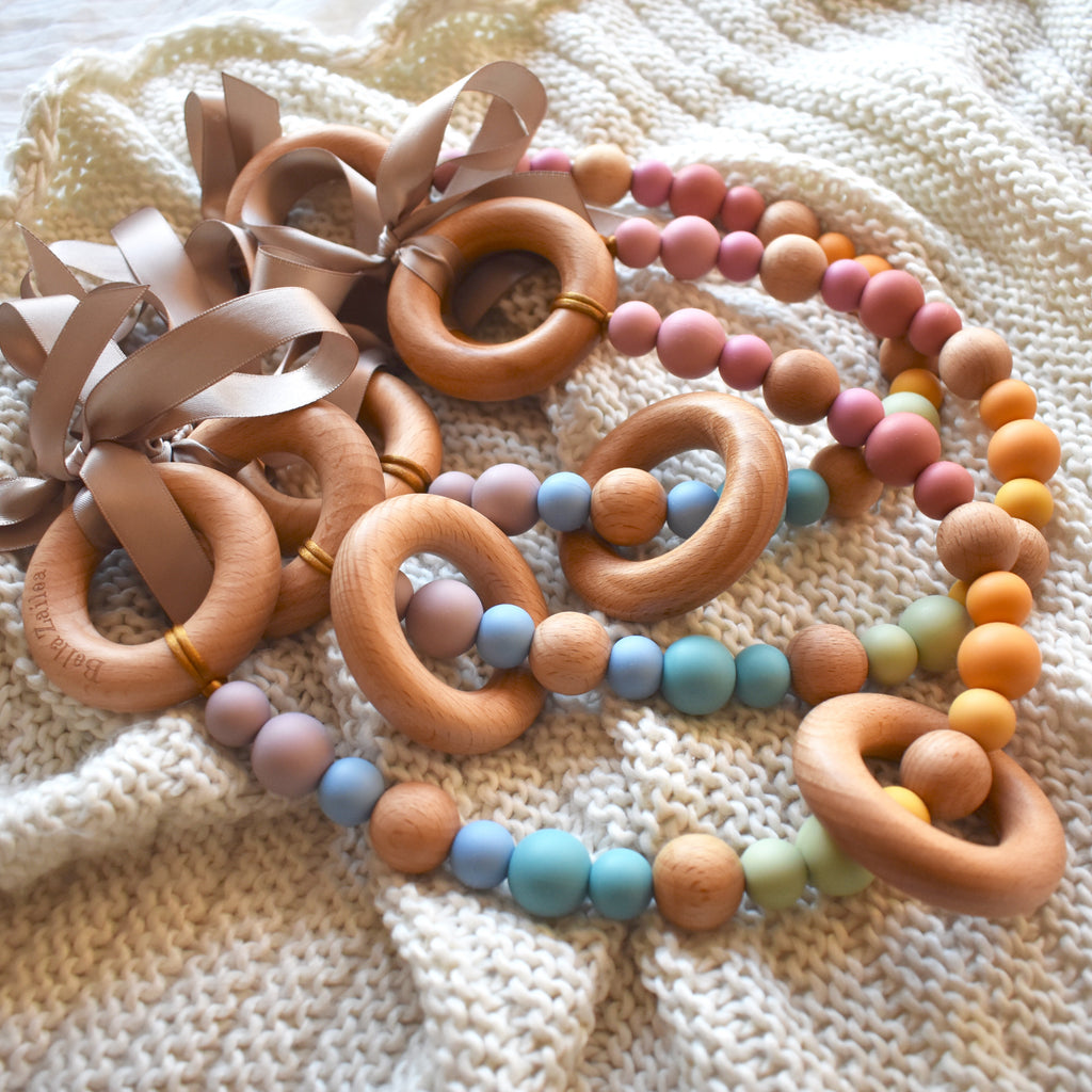 pram garland silicone and beech wood beads safety certified vintage rainbow
