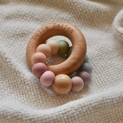 Muted Rainbow Nova Silicone & Beech Wood Teething Ring