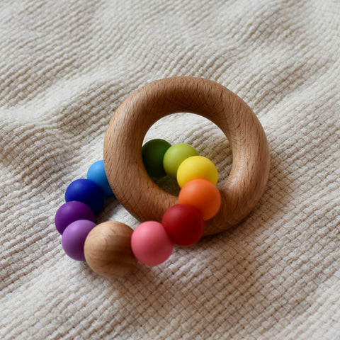 Rainbow Nova Silicone & Beech Wood Teething Ring