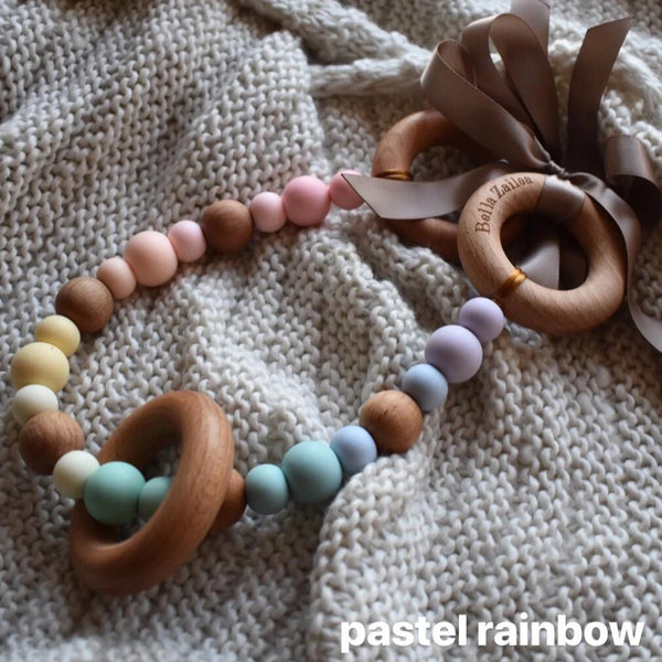 pram garland silicone and beech wood beads safety certified pastel rainbow