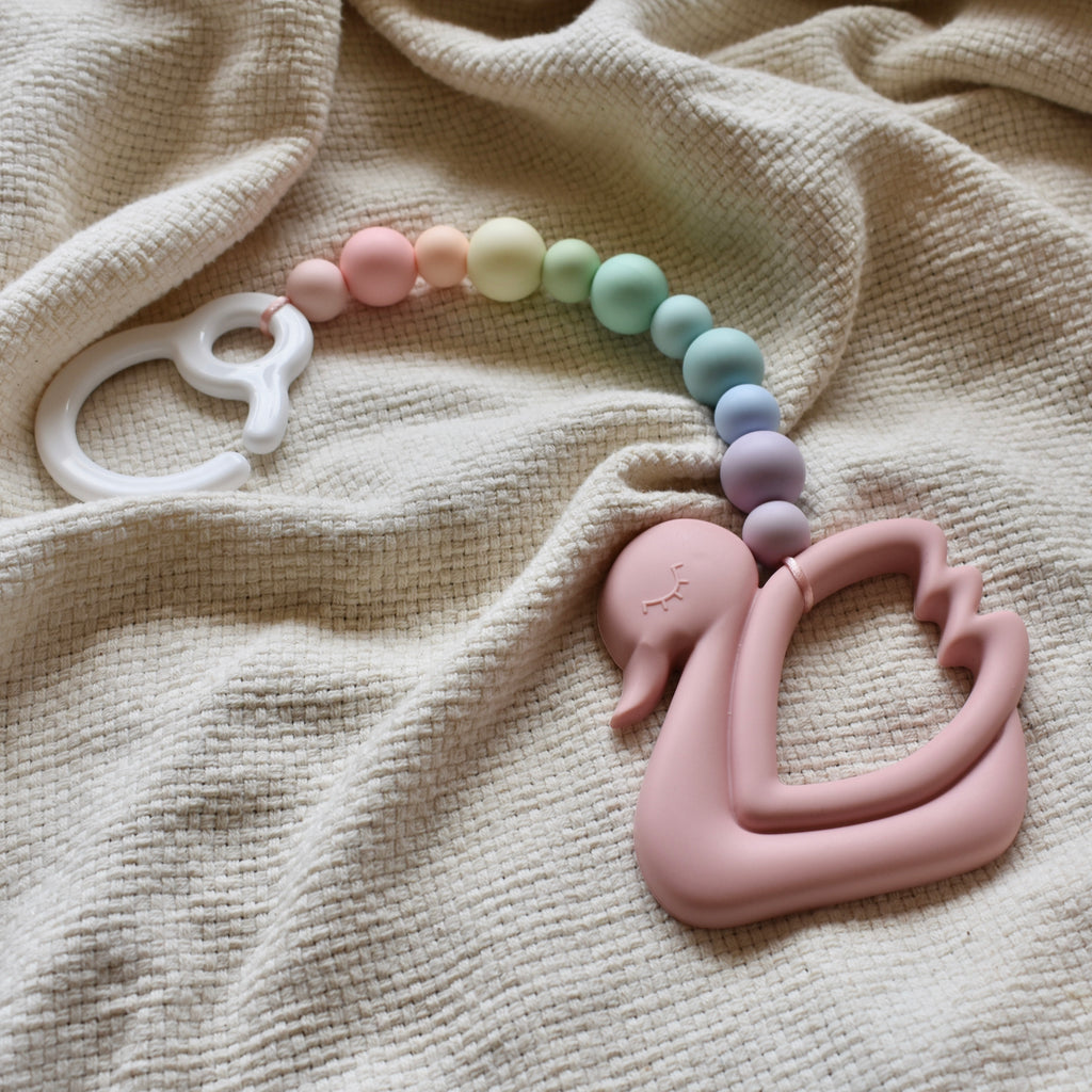 swan silicone pram toy pastel rainbow beads